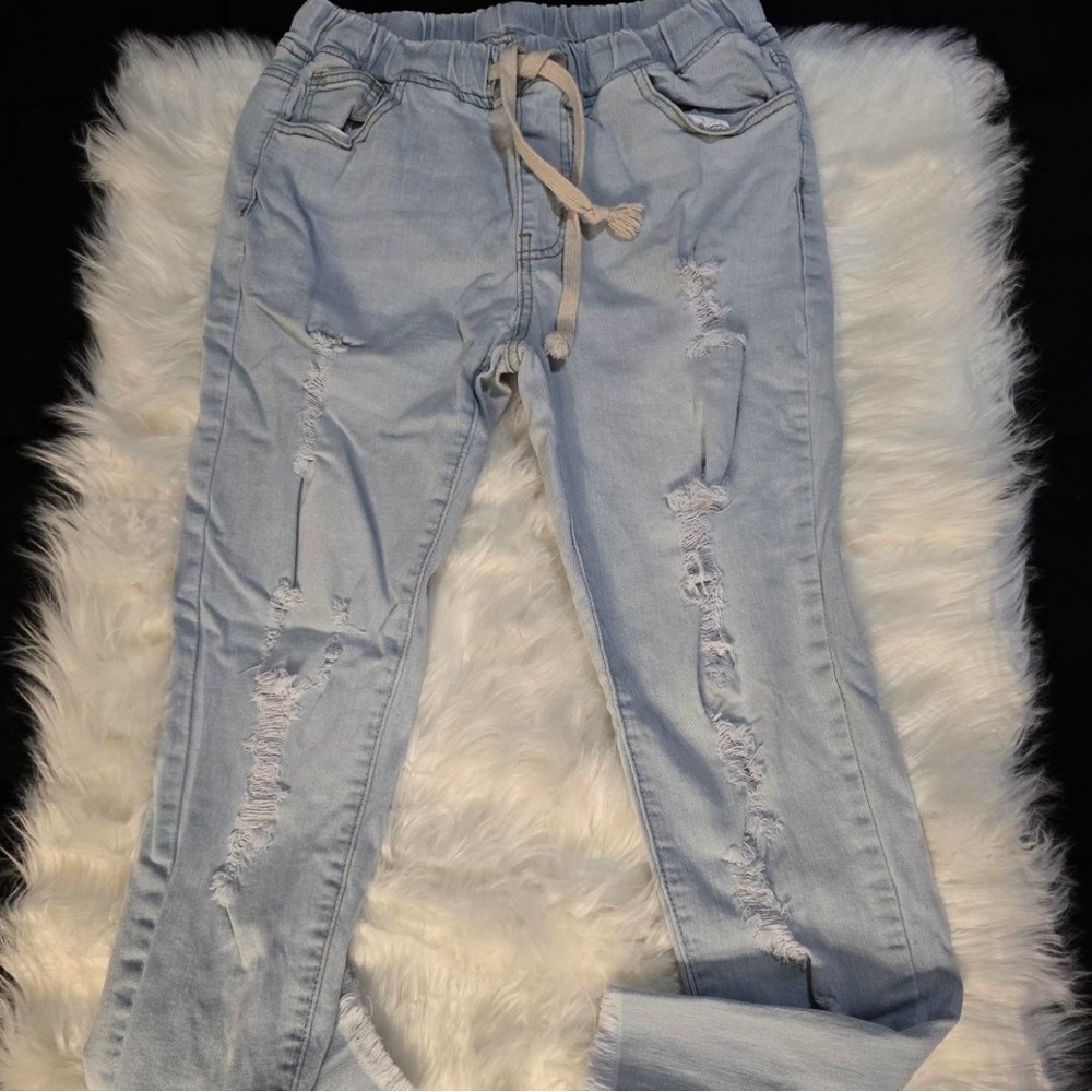 Light Blue Curvy Drawstring Waist Distressed Women Jeans